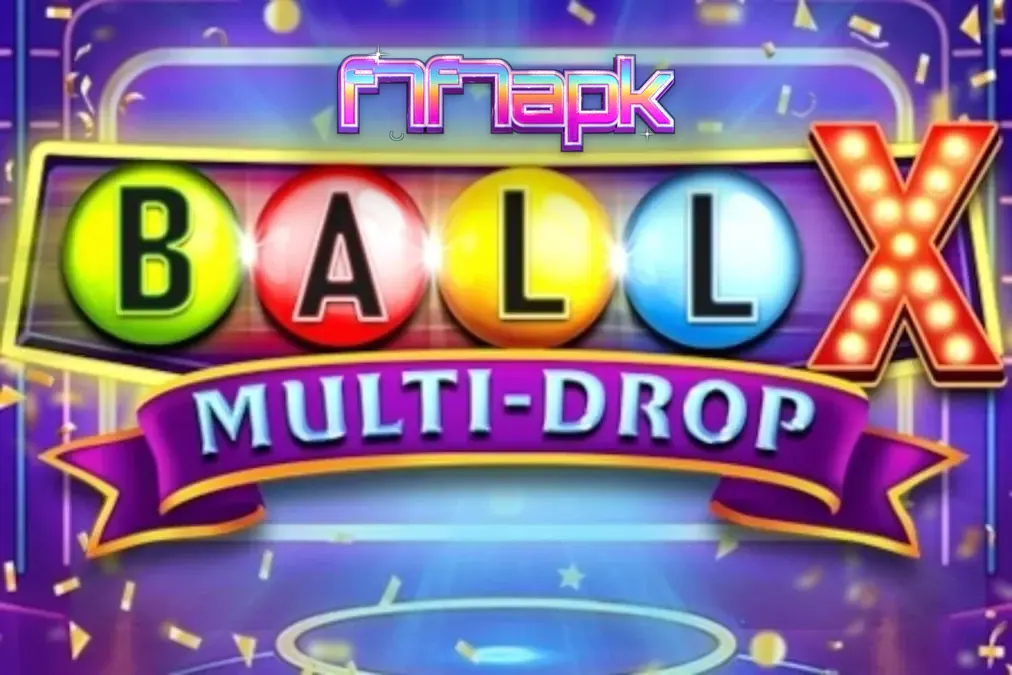 Tampilan neon cerah dari slot Ball X Multi-Drop dengan simbol buah klasik dan jackpot.
